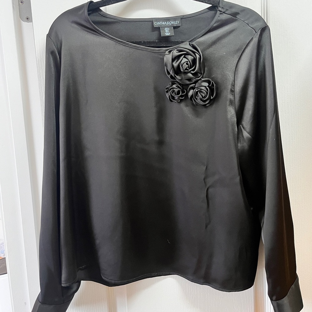 Cynthia Rowley black satin long sleeve 3d flowers roses